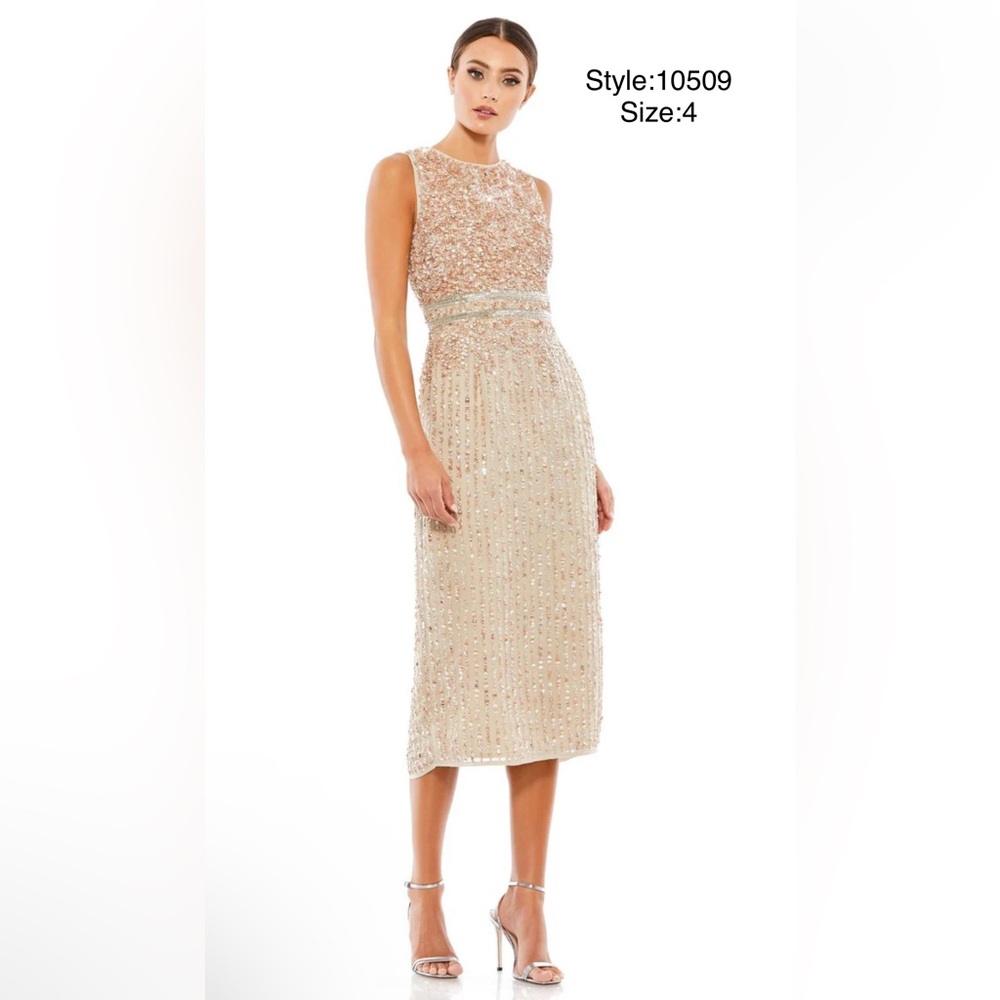 Sleeveless high neck beaded midi sheath dress